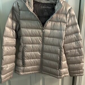 Calvin Klein Petite Large Silver Lightweight Puffer Jacket‎ Full Zip Hood